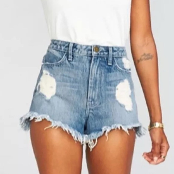 Show Me You MuMu Houston Denim Shorts 27 Blue High Waist Distressed Frayed Jean - Picture 1 of 8